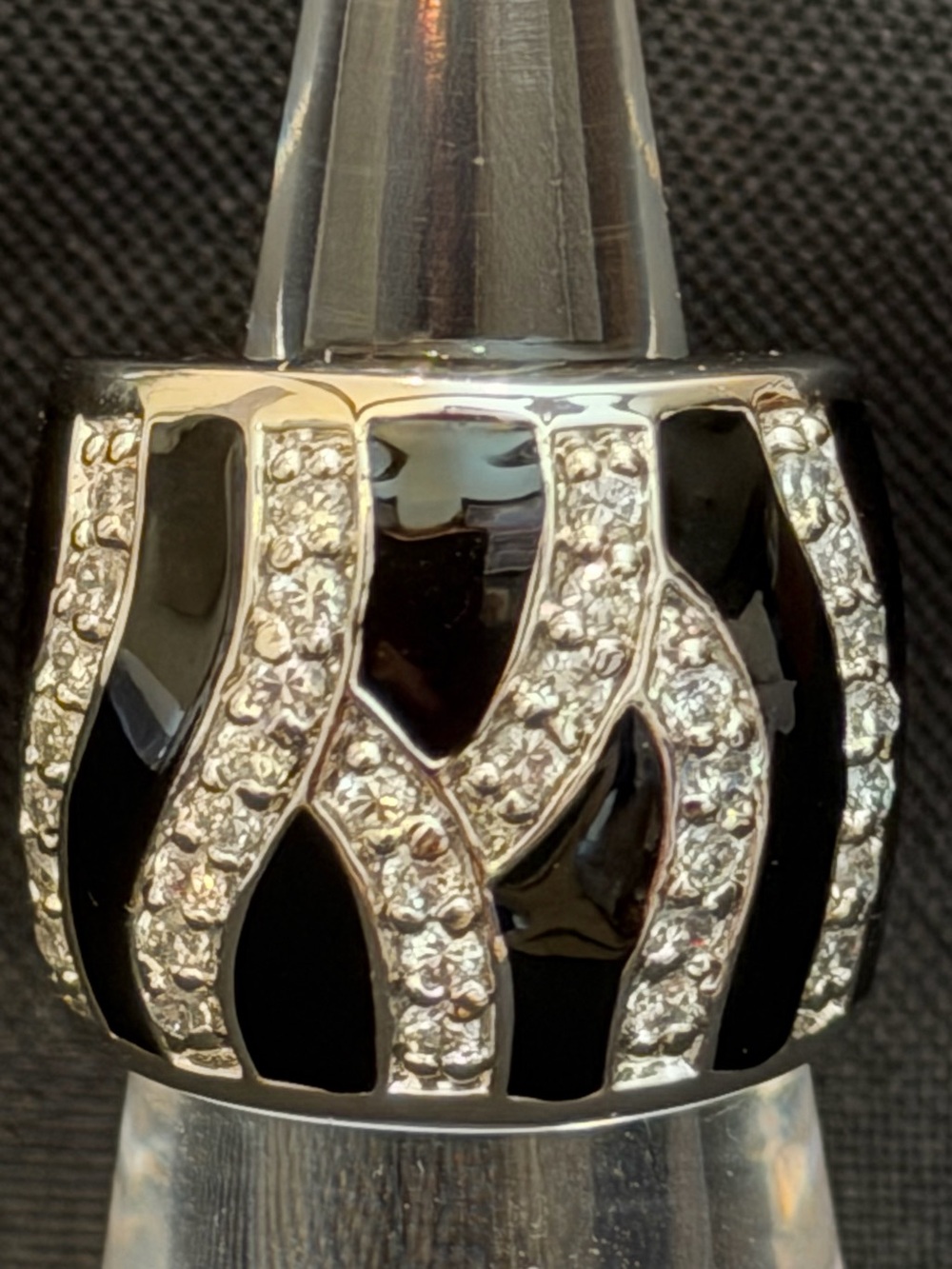 925 SS Elegant Black Laquer and Silver Crystal Accent - slight dome Ring / Sz. 5
